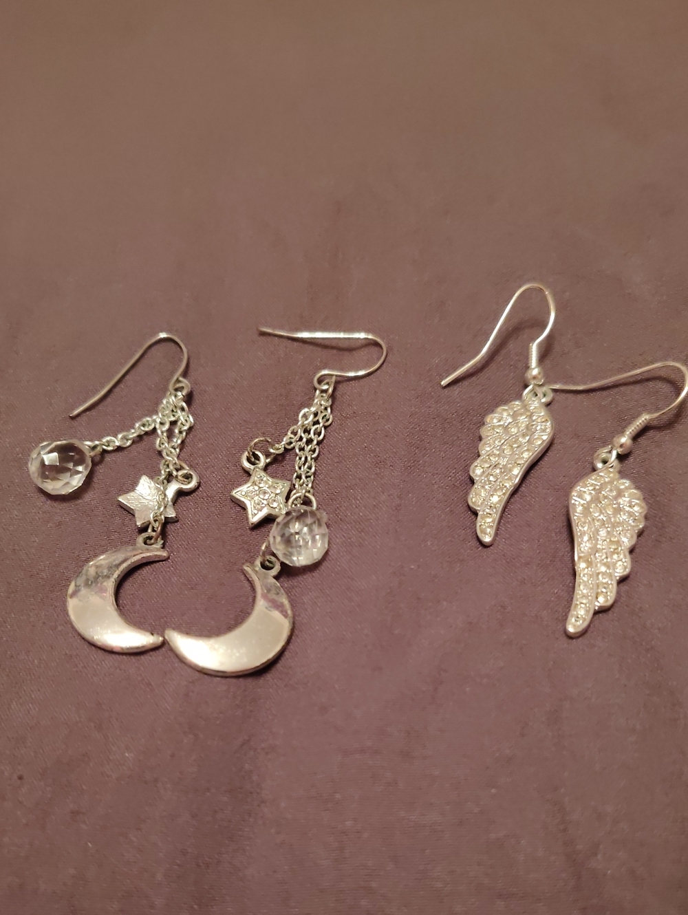 Silver Moon & Wing Dangle Earrings Set
